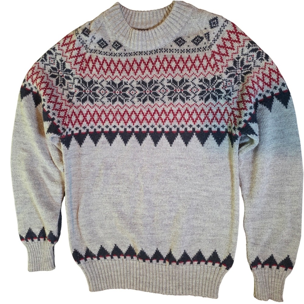 Vintage Gap Size Small Fair‎ Isle Sweater Gray Black Red Knit Crewneck